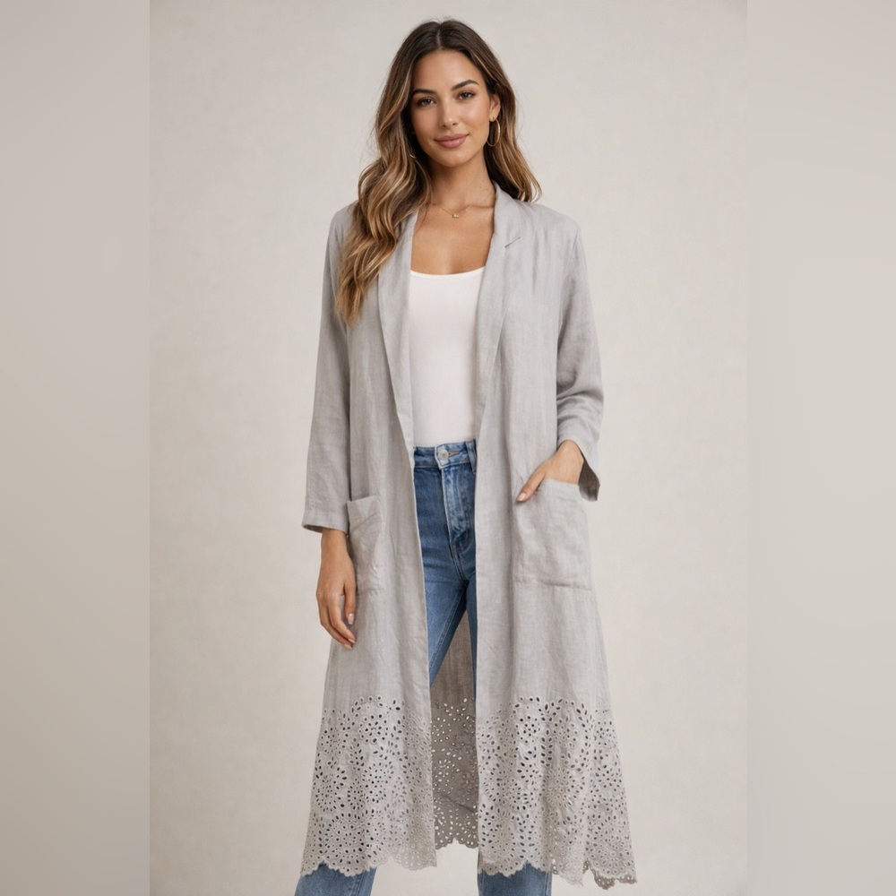4LoveAndLiberty Taupe Maxi Duster Open Front Linen Eyelit Pocket Johnny Was M-L